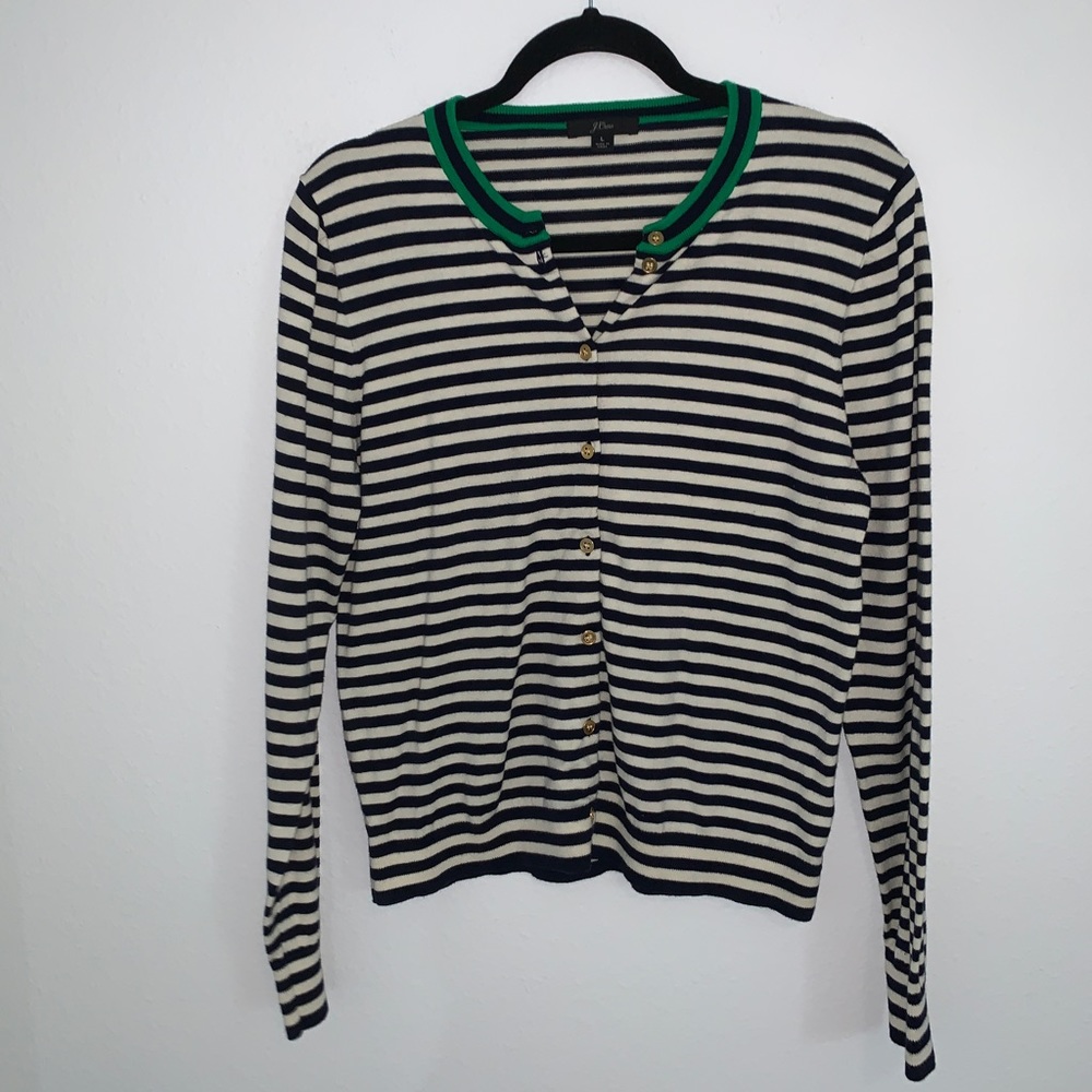 J. Crew Navy and Cream Striped Cardigan with Green Trim